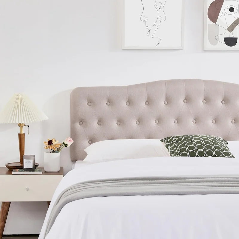 Tête de lit King tapissée, tête de lit capitonnée de style diamant, hauteur réglable, pieds en bois massif, rembourrée en tissu de lin pour lit King Size