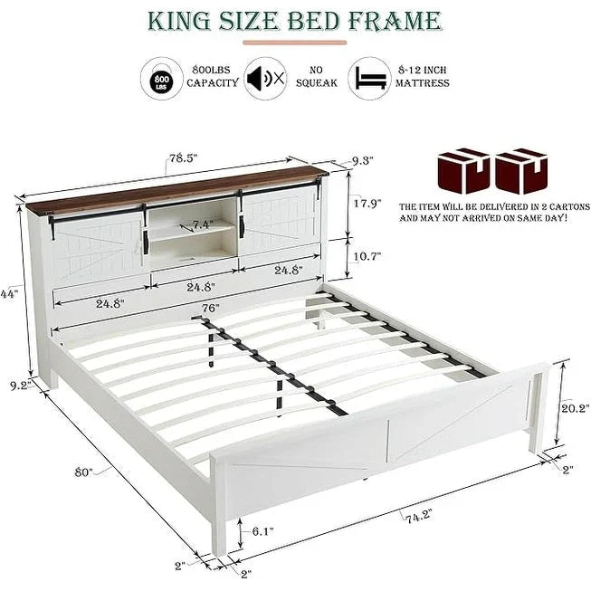 Cadre de lit King size de ferme avec étagères de rangement et station de recharge