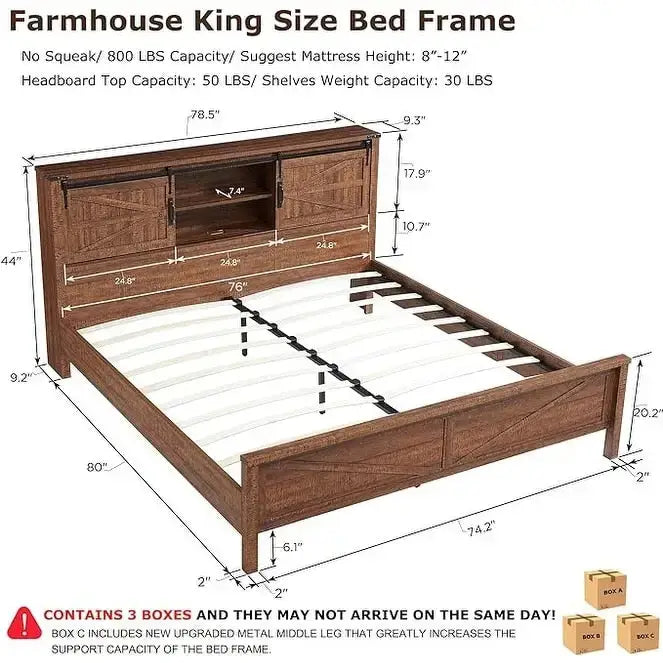 Cadre de lit King size de ferme avec étagères de rangement et station de recharge