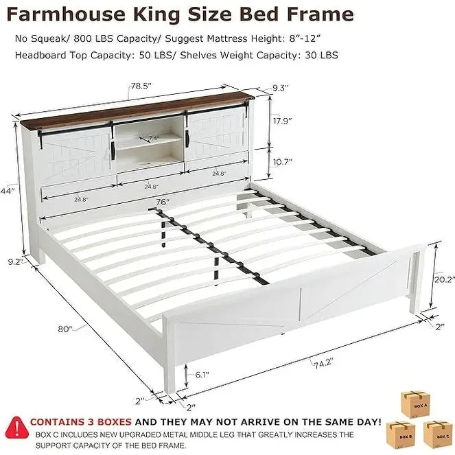 Cadre de lit King size de ferme avec étagères de rangement et station de recharge