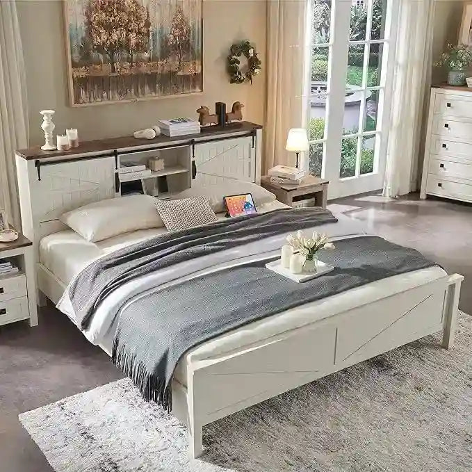 Cadre de lit King size de ferme avec étagères de rangement et station de recharge