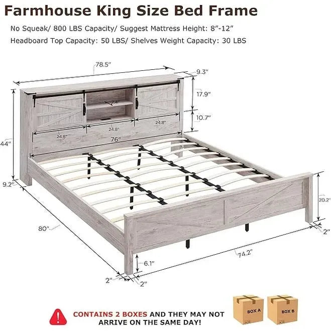 Cadre de lit King size de ferme avec étagères de rangement et station de recharge