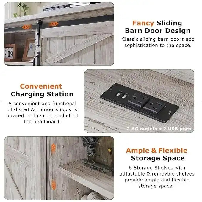 Cadre de lit King size de ferme avec étagères de rangement et station de recharge