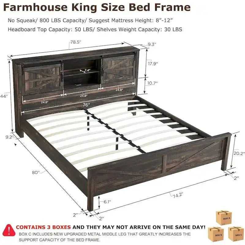 Cadre de lit King size de ferme avec étagères de rangement et station de recharge