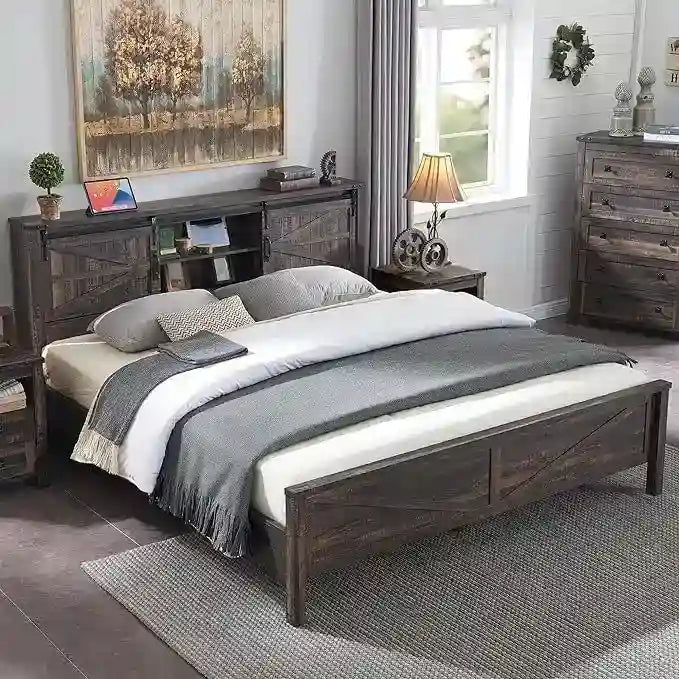 Cadre de lit King size de ferme avec étagères de rangement et station de recharge
