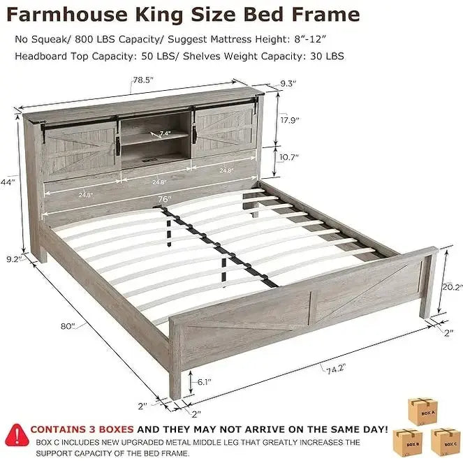 Cadre de lit King size de ferme avec étagères de rangement et station de recharge