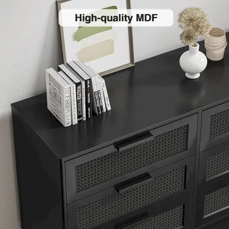 Commode double moderne noire à 6 tiroirs pour chambre à coucher, en bois et rotin