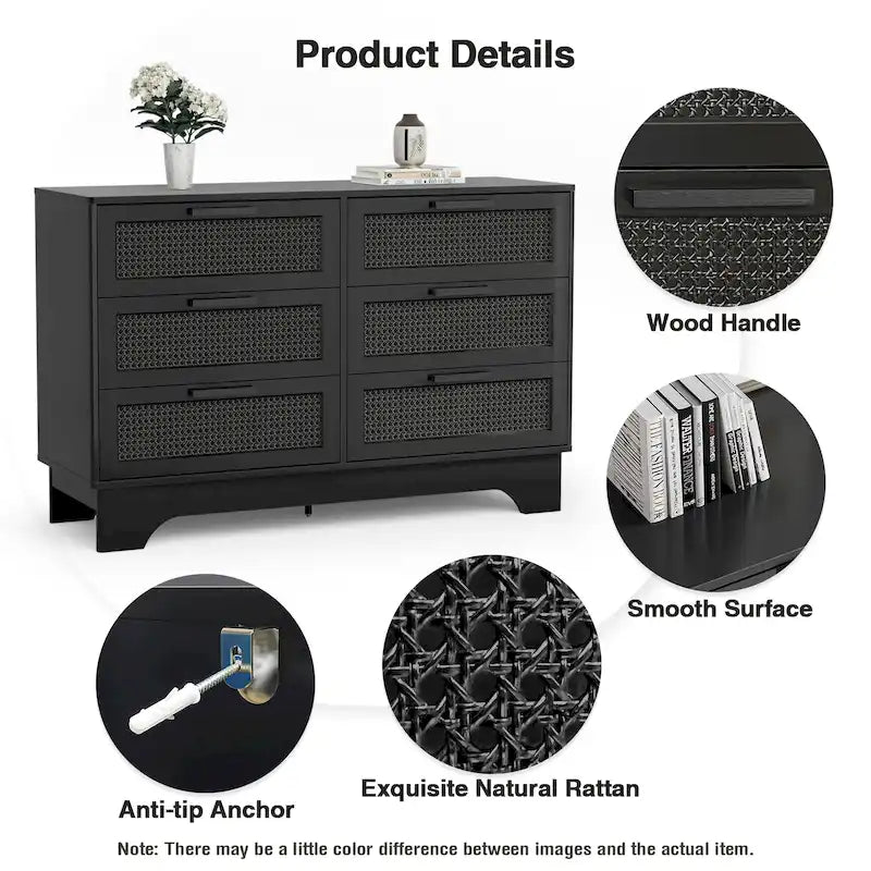 Commode double moderne noire à 6 tiroirs pour chambre à coucher, en bois et rotin