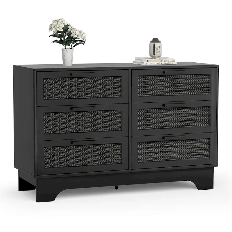 Commode double moderne noire à 6 tiroirs pour chambre à coucher, en bois et rotin