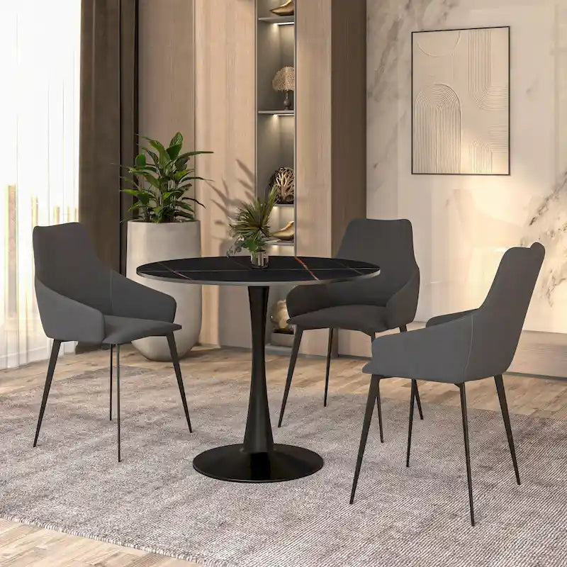 Table à manger ronde de 35 pouces pour 4 personnes avec plateau en pierre frittée et piètement noir pour la cuisine et la salle à manger