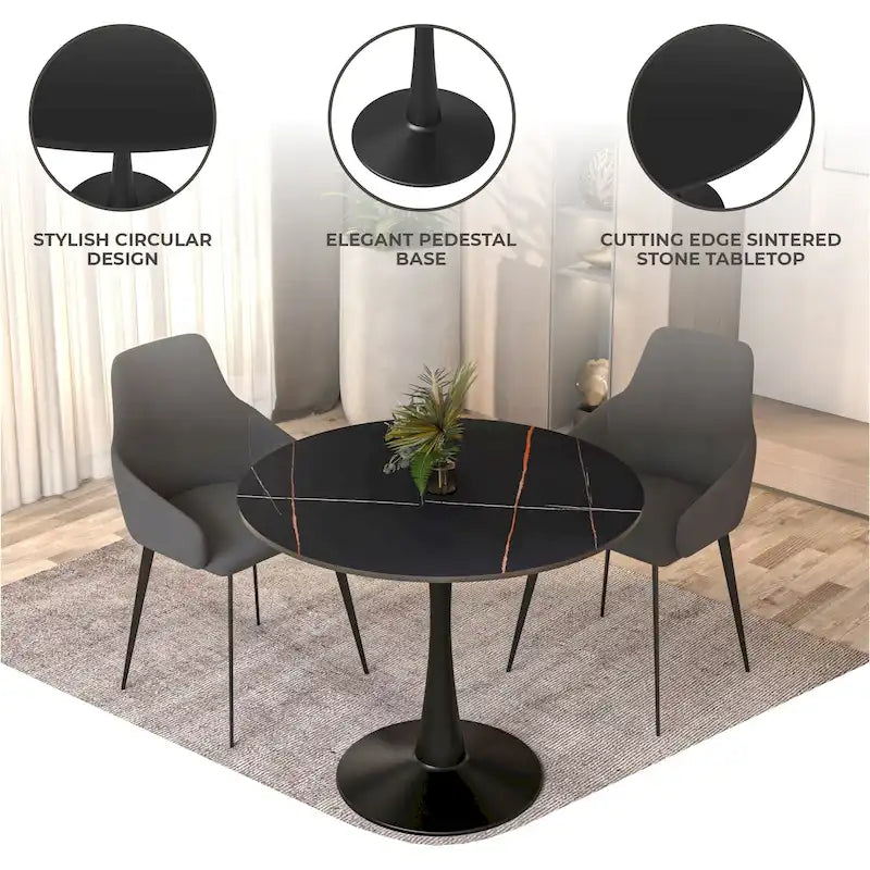 Table à manger ronde de 35 pouces pour 4 personnes avec plateau en pierre frittée et piètement noir pour la cuisine et la salle à manger