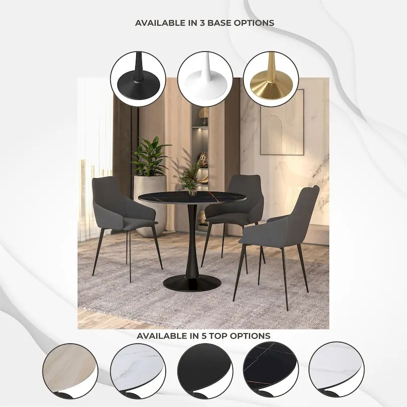 Table à manger ronde de 35 pouces pour 4 personnes avec plateau en pierre frittée et piètement noir pour la cuisine et la salle à manger