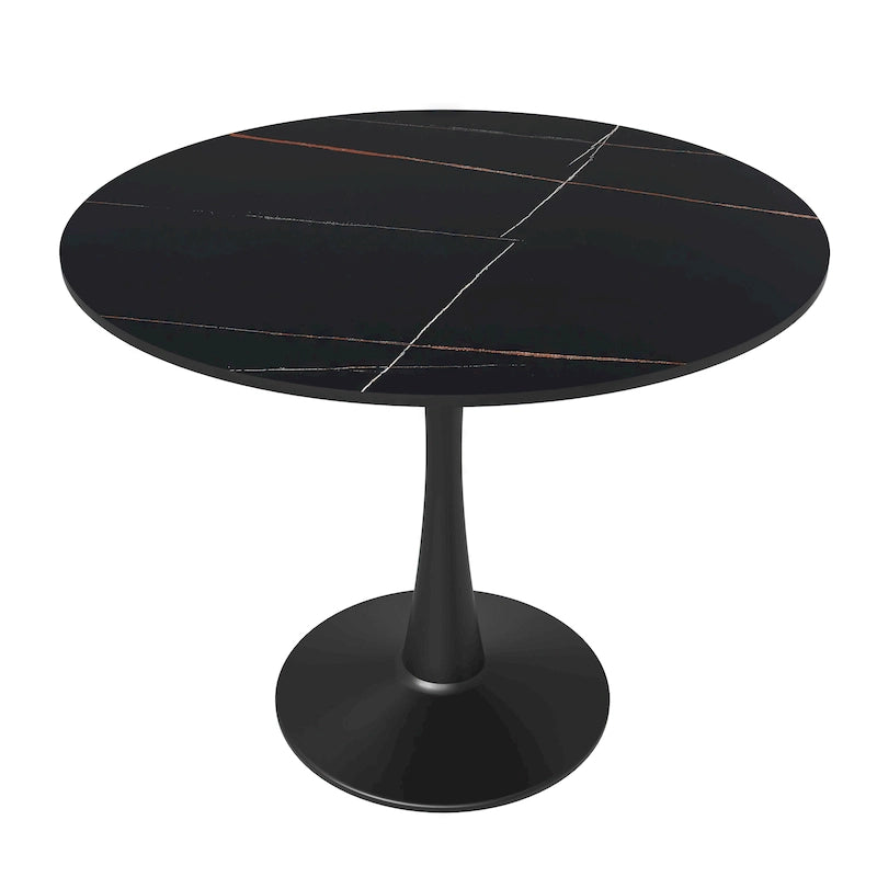 Table à manger ronde de 35 pouces pour 4 personnes avec plateau en pierre frittée et piètement noir pour la cuisine et la salle à manger