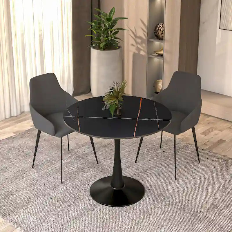 Table à manger ronde de 35 pouces pour 4 personnes avec plateau en pierre frittée et piètement noir pour la cuisine et la salle à manger