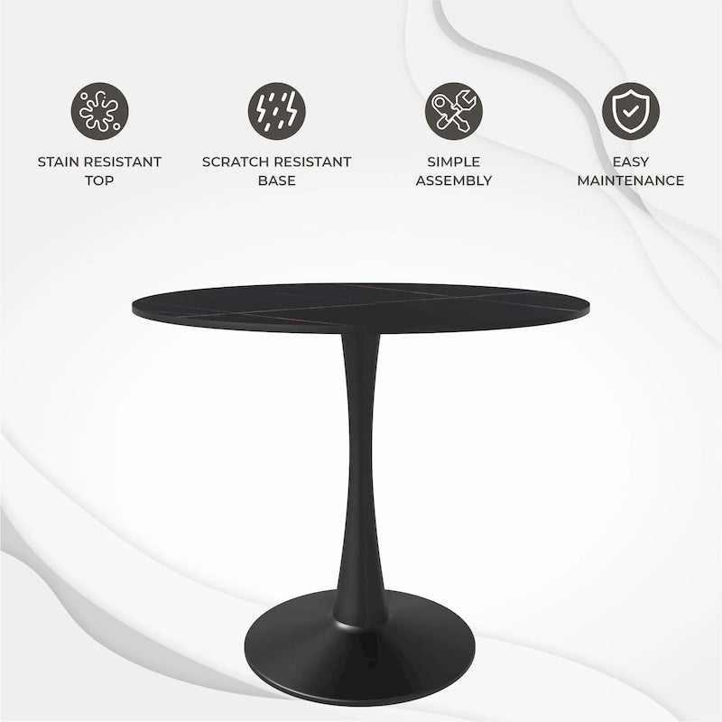 Table à manger ronde de 35 pouces pour 4 personnes avec plateau en pierre frittée et piètement noir pour la cuisine et la salle à manger