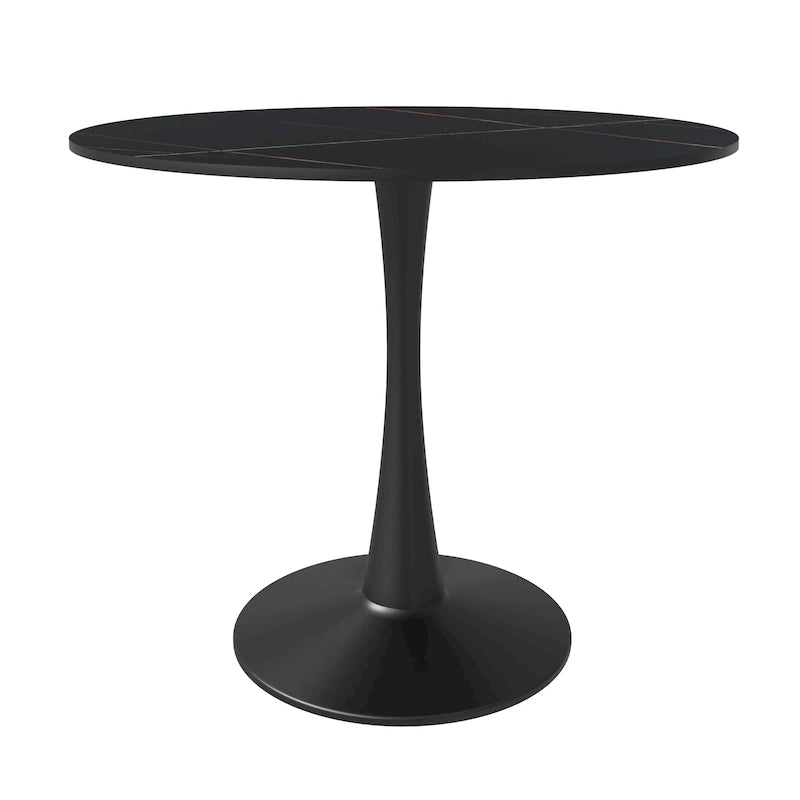 Table à manger ronde de 35 pouces pour 4 personnes avec plateau en pierre frittée et piètement noir pour la cuisine et la salle à manger