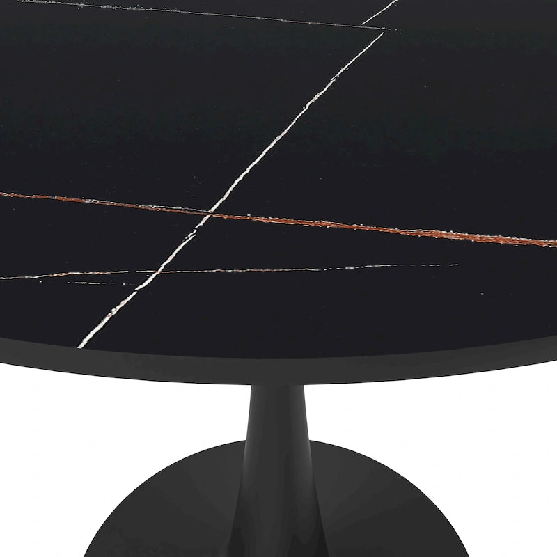 Table à manger ronde de 35 pouces pour 4 personnes avec plateau en pierre frittée et piètement noir pour la cuisine et la salle à manger
