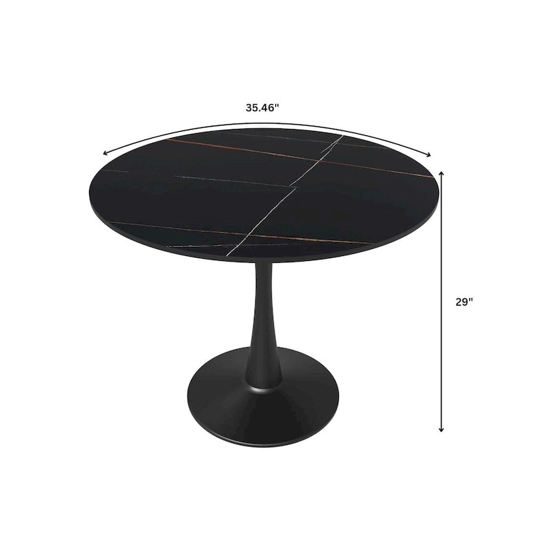 Table à manger ronde de 35 pouces pour 4 personnes avec plateau en pierre frittée et piètement noir pour la cuisine et la salle à manger