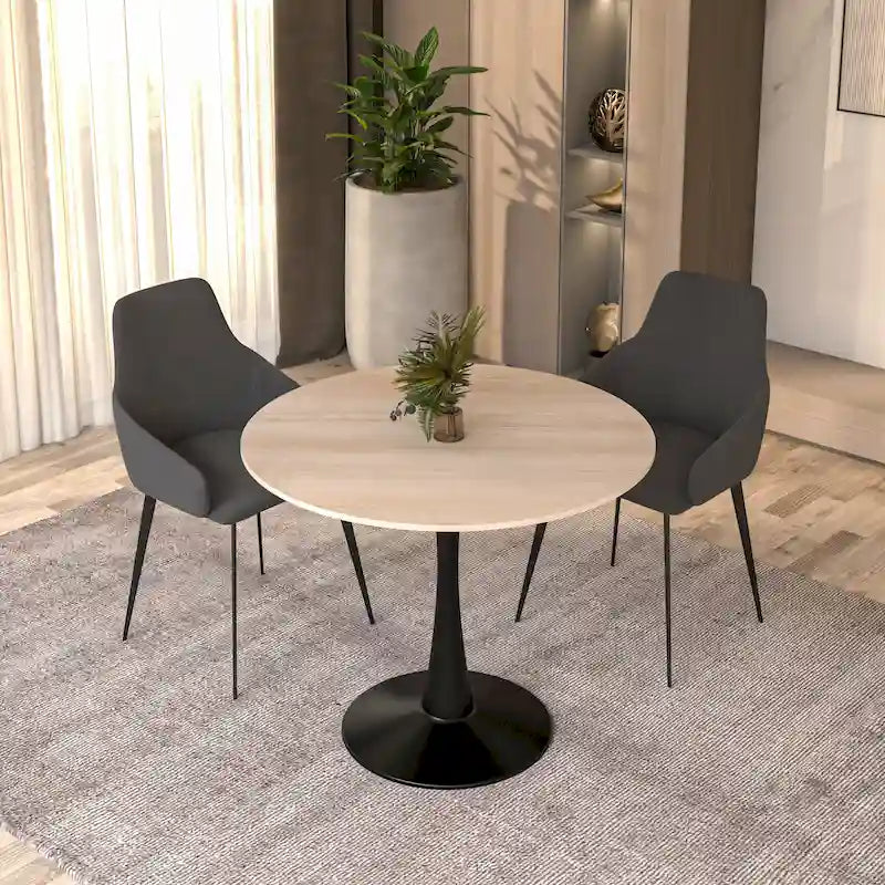 Table à manger ronde de 35 pouces pour 4 personnes avec plateau en pierre frittée et piètement noir pour la cuisine et la salle à manger