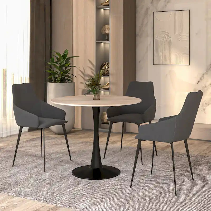 Table à manger ronde de 35 pouces pour 4 personnes avec plateau en pierre frittée et piètement noir pour la cuisine et la salle à manger