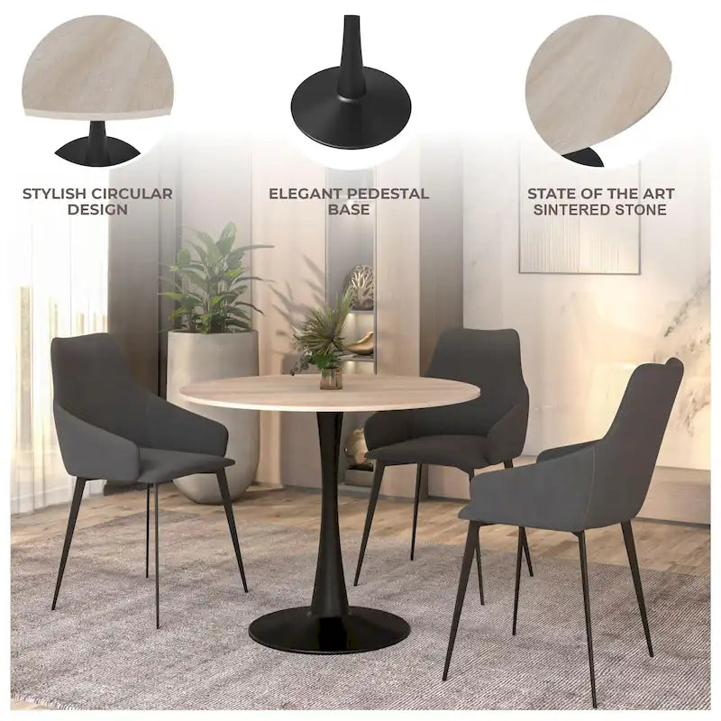 Table à manger ronde de 35 pouces pour 4 personnes avec plateau en pierre frittée et piètement noir pour la cuisine et la salle à manger