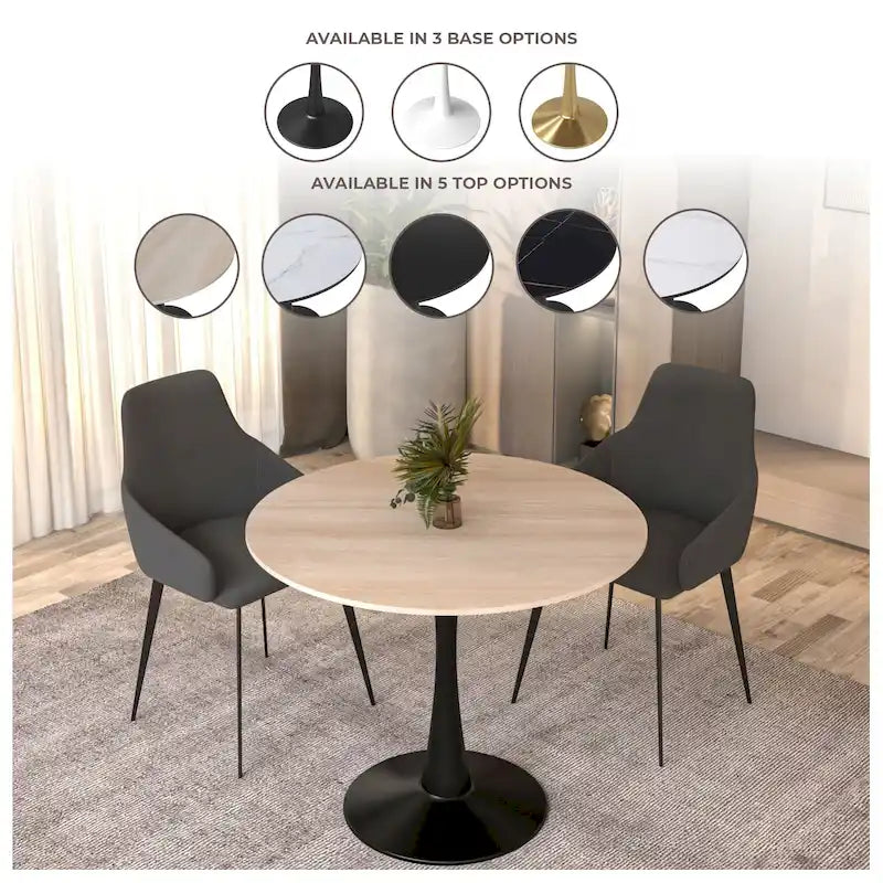 Table à manger ronde de 35 pouces pour 4 personnes avec plateau en pierre frittée et piètement noir pour la cuisine et la salle à manger