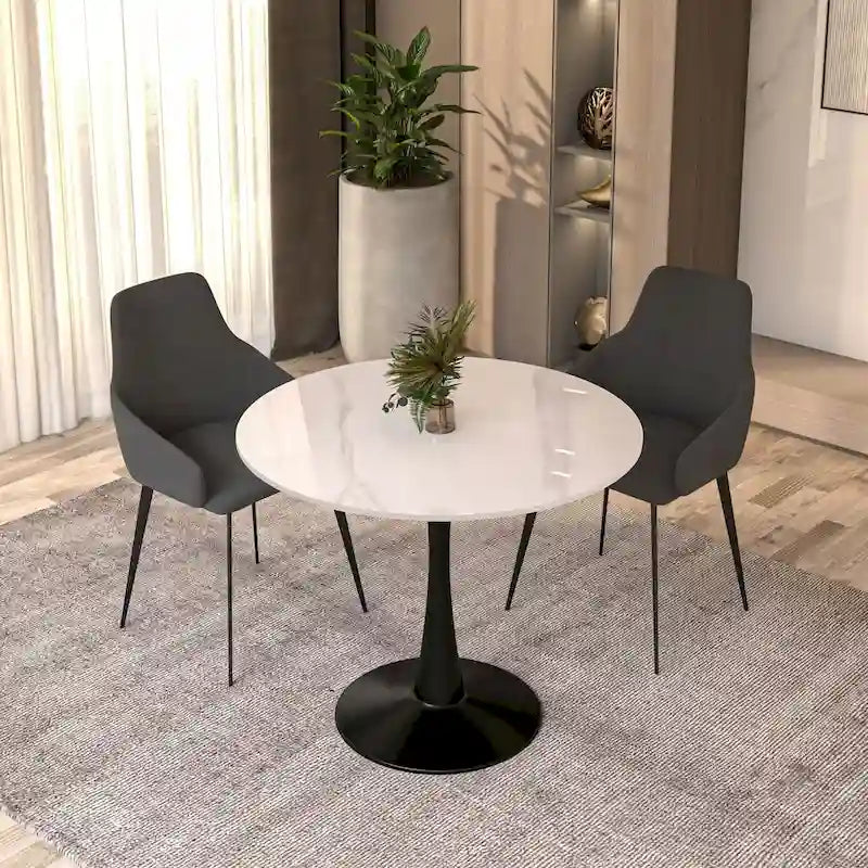 Table à manger ronde de 35 pouces pour 4 personnes avec plateau en pierre frittée et piètement noir pour la cuisine et la salle à manger