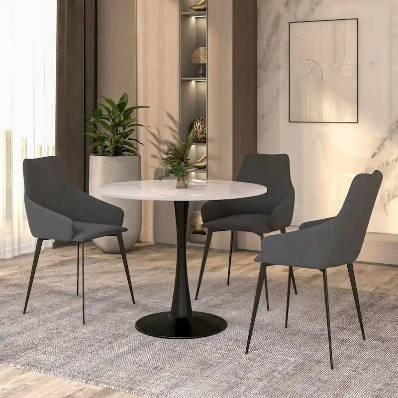 Table à manger ronde de 35 pouces pour 4 personnes avec plateau en pierre frittée et piètement noir pour la cuisine et la salle à manger