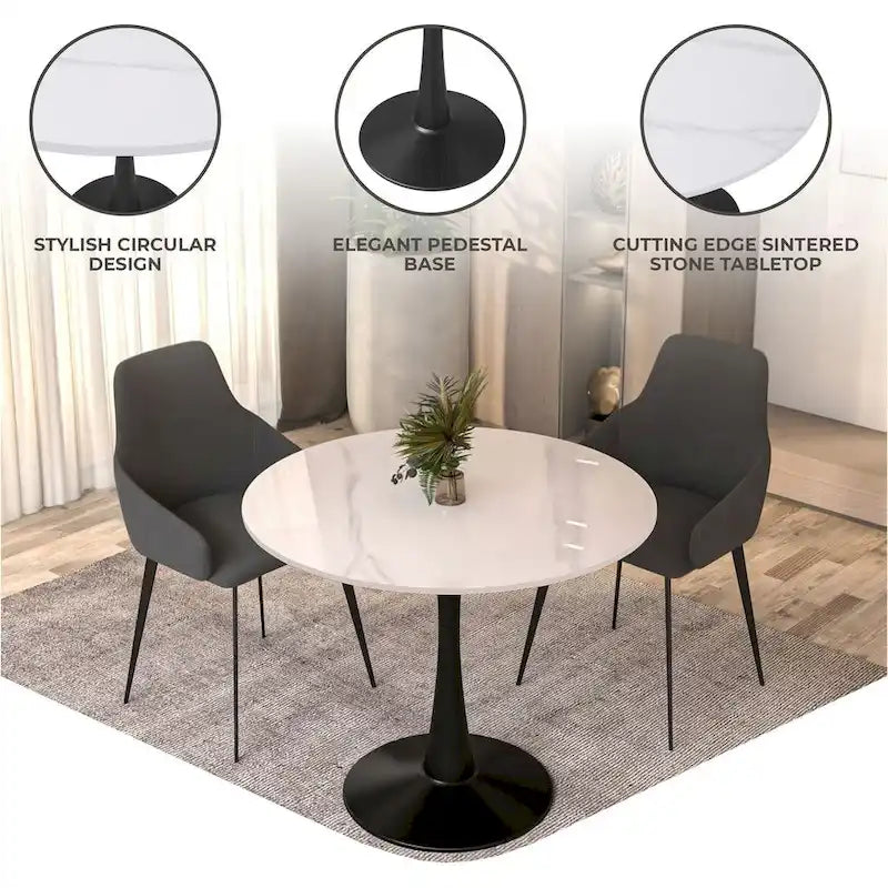 Table à manger ronde de 35 pouces pour 4 personnes avec plateau en pierre frittée et piètement noir pour la cuisine et la salle à manger