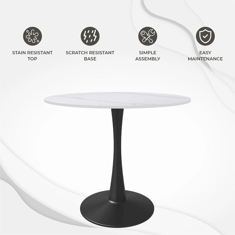 Table à manger ronde de 35 pouces pour 4 personnes avec plateau en pierre frittée et piètement noir pour la cuisine et la salle à manger