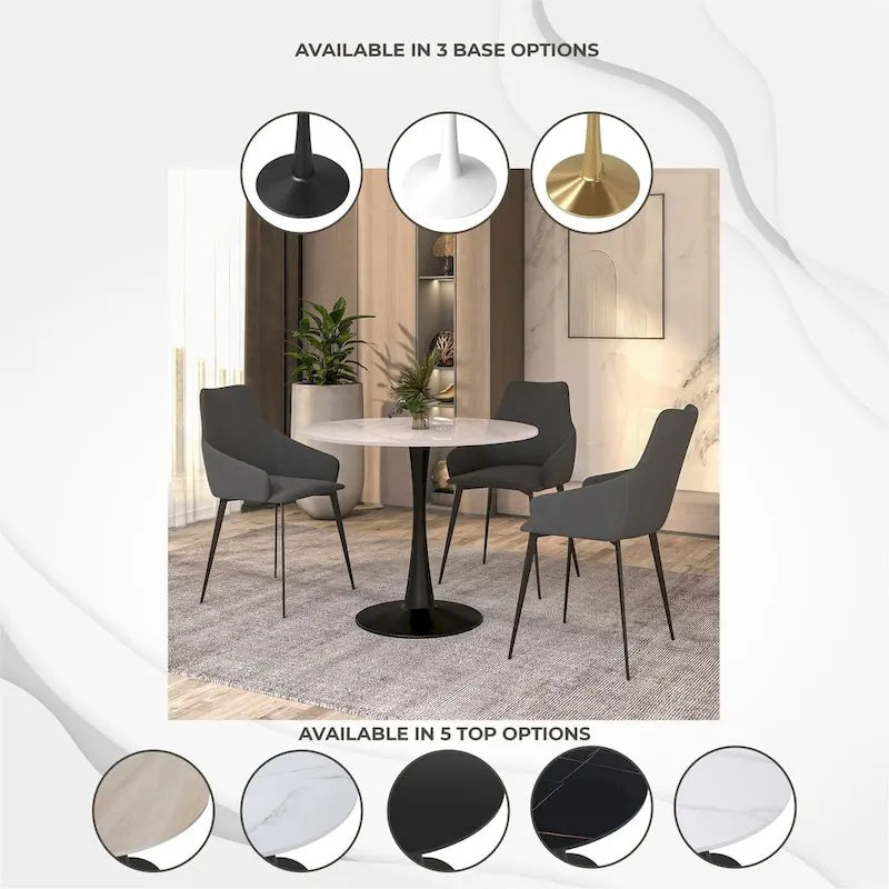 Table à manger ronde de 35 pouces pour 4 personnes avec plateau en pierre frittée et piètement noir pour la cuisine et la salle à manger