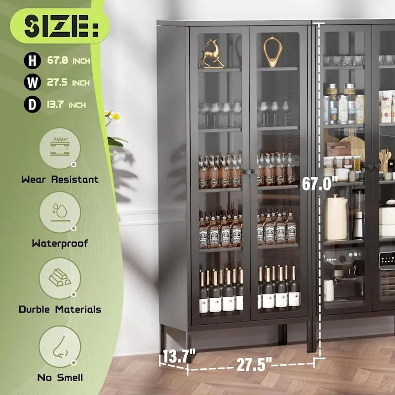 Vitrine de collection en verre de 170 cm avec portes en verre et 4 étagères réglables