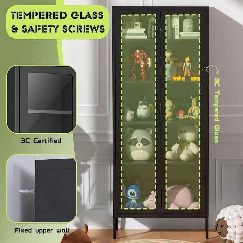 Vitrine de collection en verre de 170 cm avec portes en verre et 4 étagères réglables