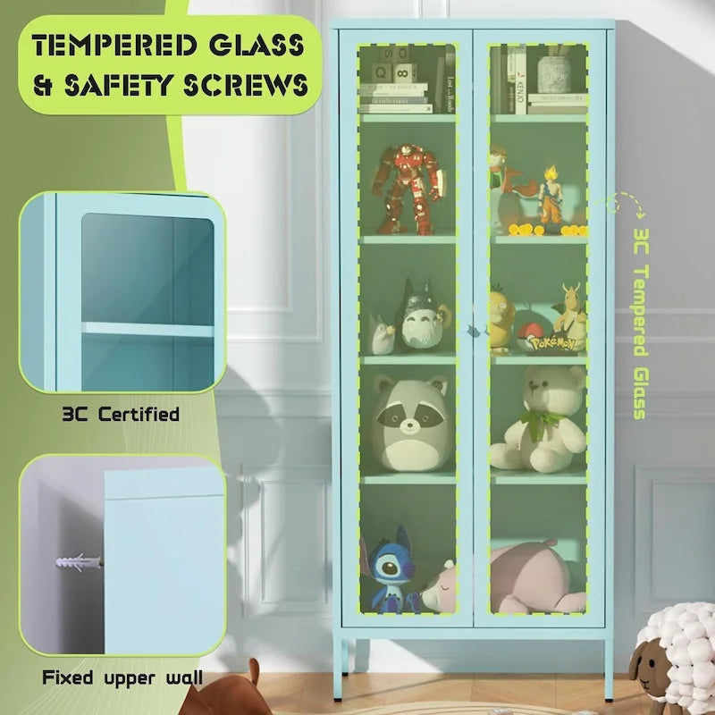 Vitrine de collection en verre de 170 cm avec portes en verre et 4 étagères réglables