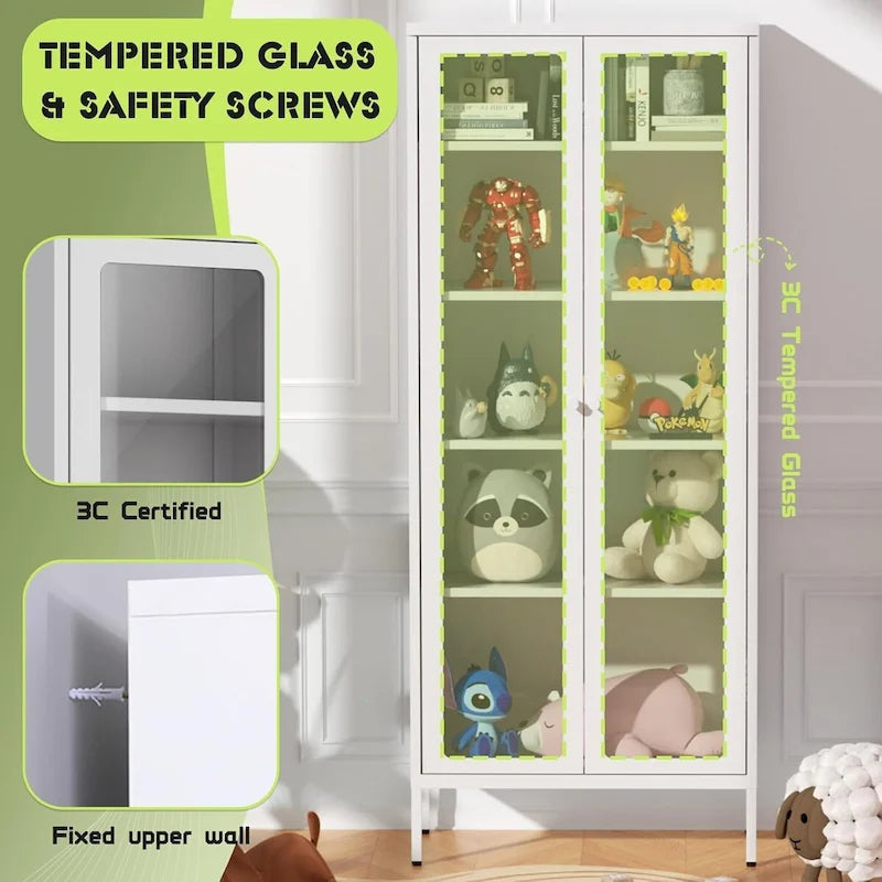 Vitrine de collection en verre de 170 cm avec portes en verre et 4 étagères réglables